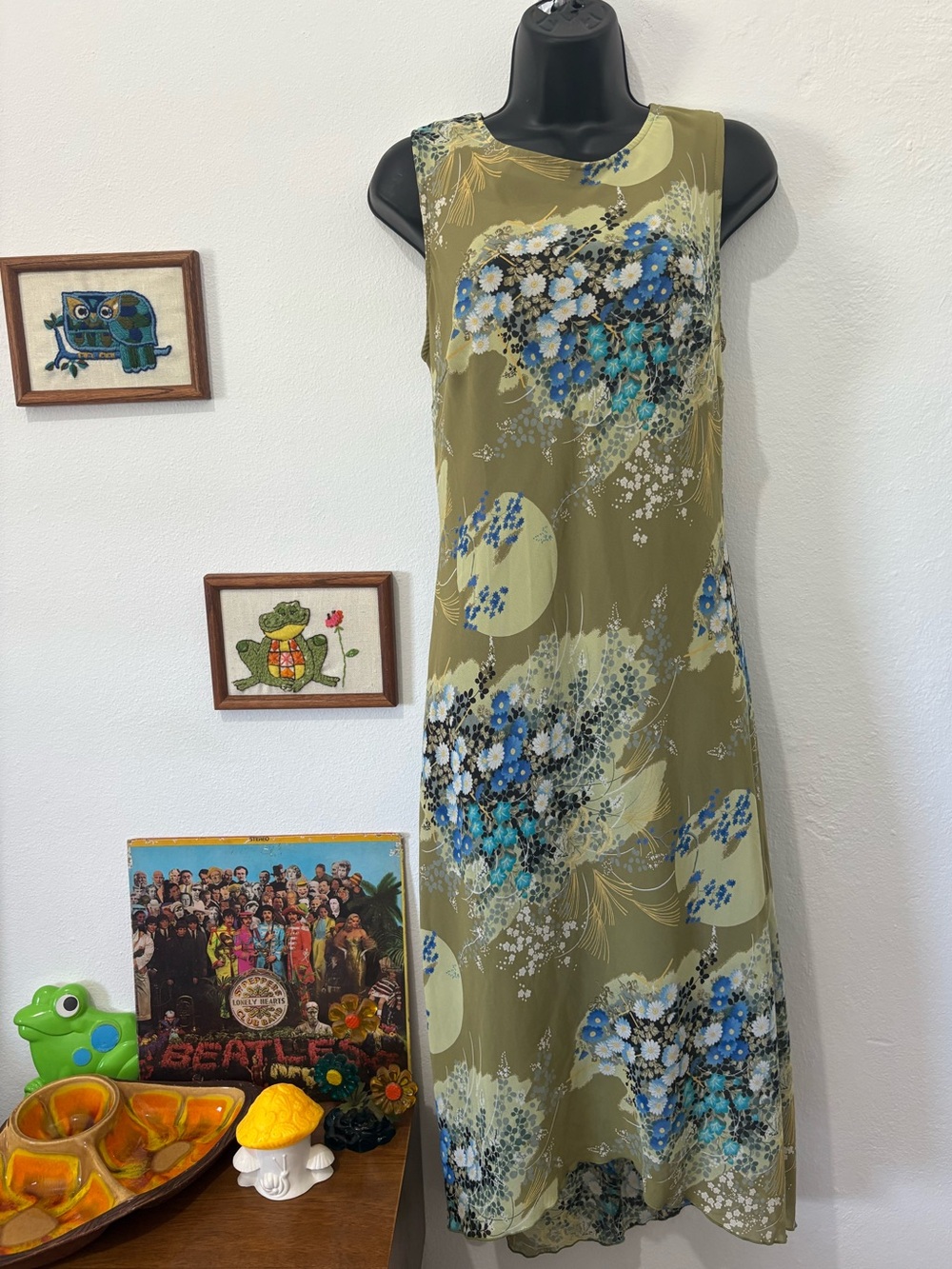 Y2K Marianne Olive Green Blue Floral Whimsi Fairy Sleeveless Maxi Dress
